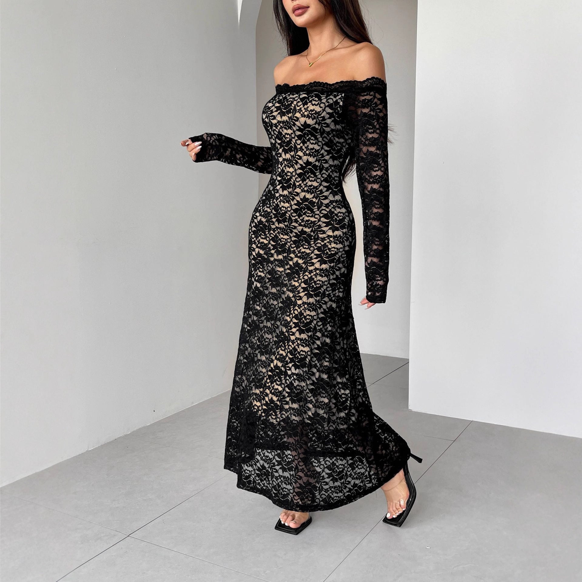 Autumn Winter Long Sleeve Lace off Neck Slim Slimming Maxi Dress Women L / Black