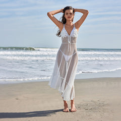 Beach Dress Women Solid Color Sexy Mesh Beach Bikini Swimsuit Blouse Sun Protective Clothing