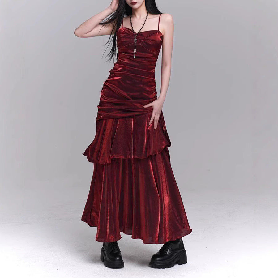 dark red birthday dress Vintage Dark Red Shimmer Halter Neck Floral Prom Gown Birthday Dress