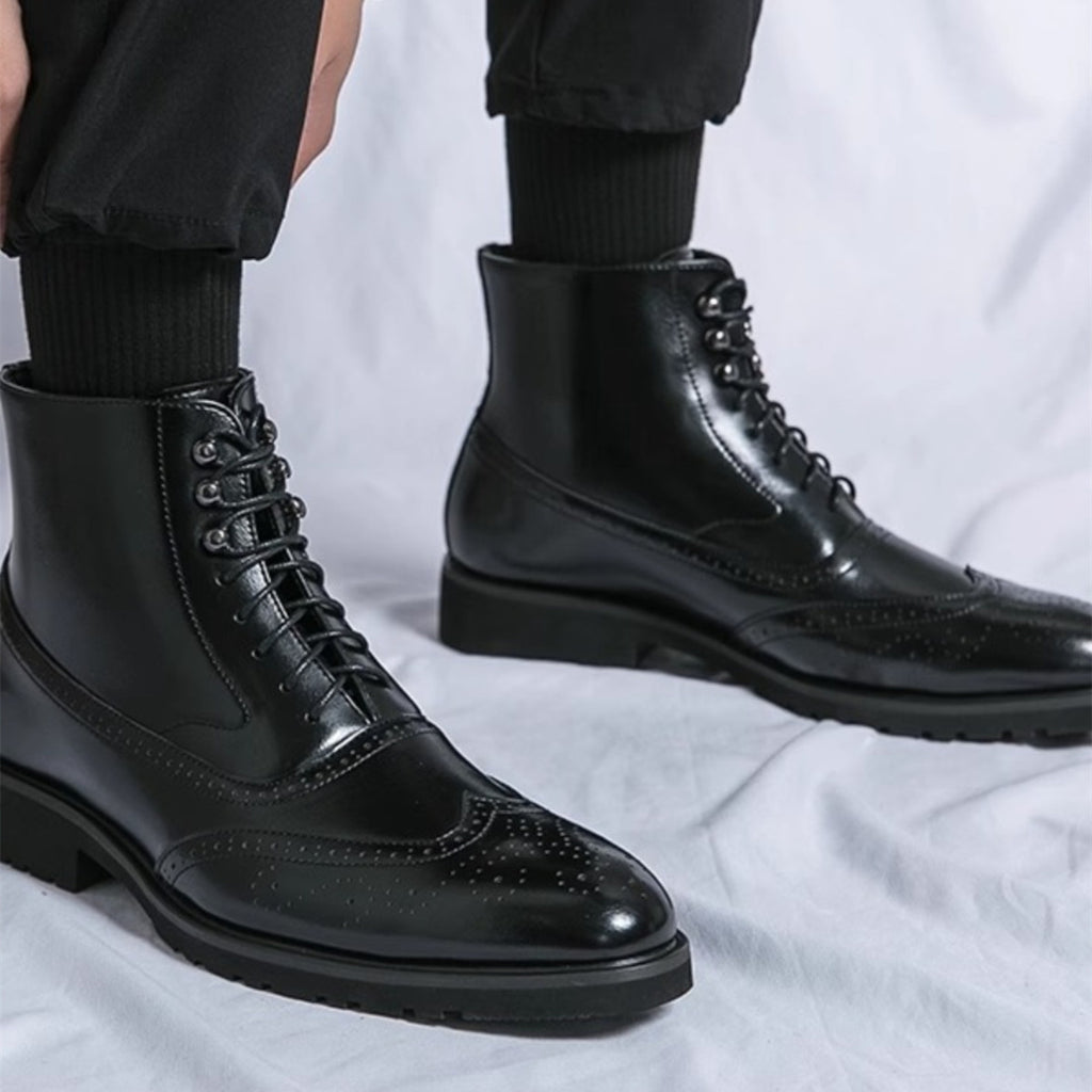 Shiny Black Leather Wingtip Boots