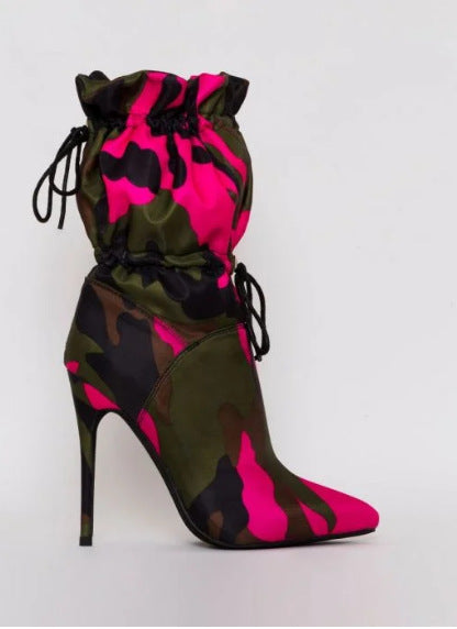 army green and hot pink camouflage high heel boots