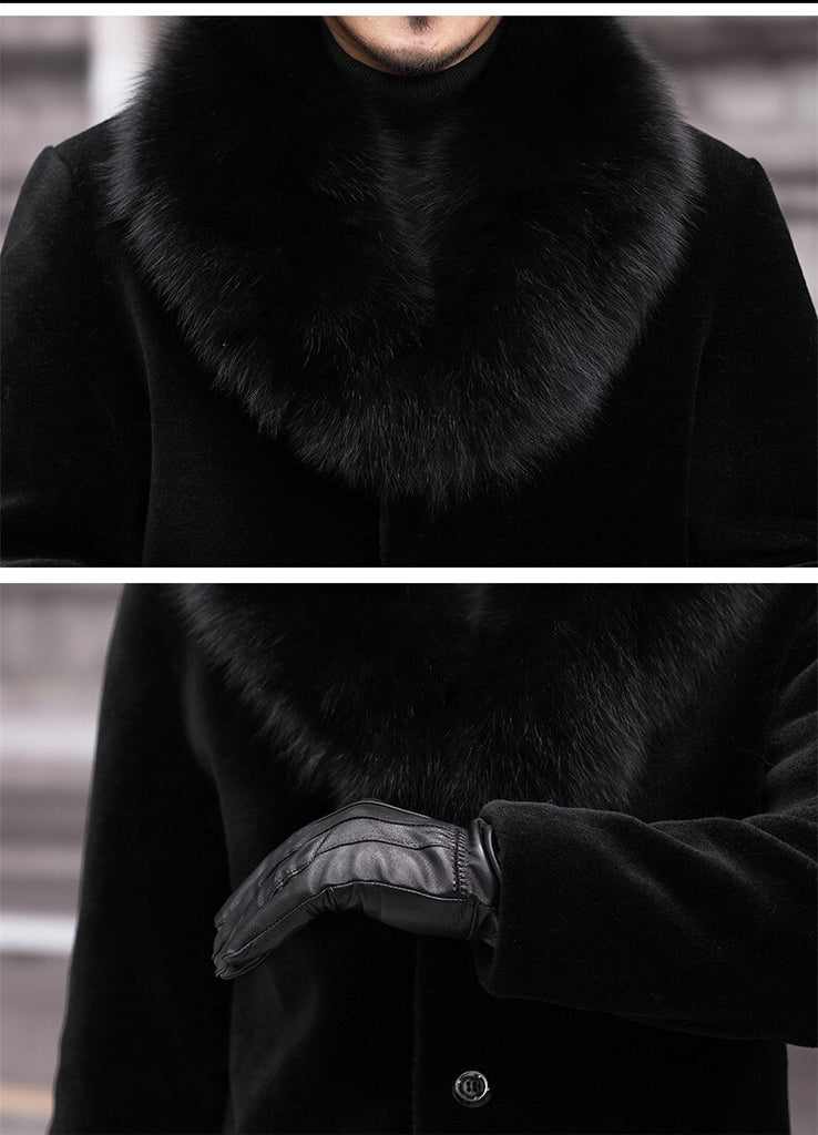 men's stylish black faux fur collar trench coat