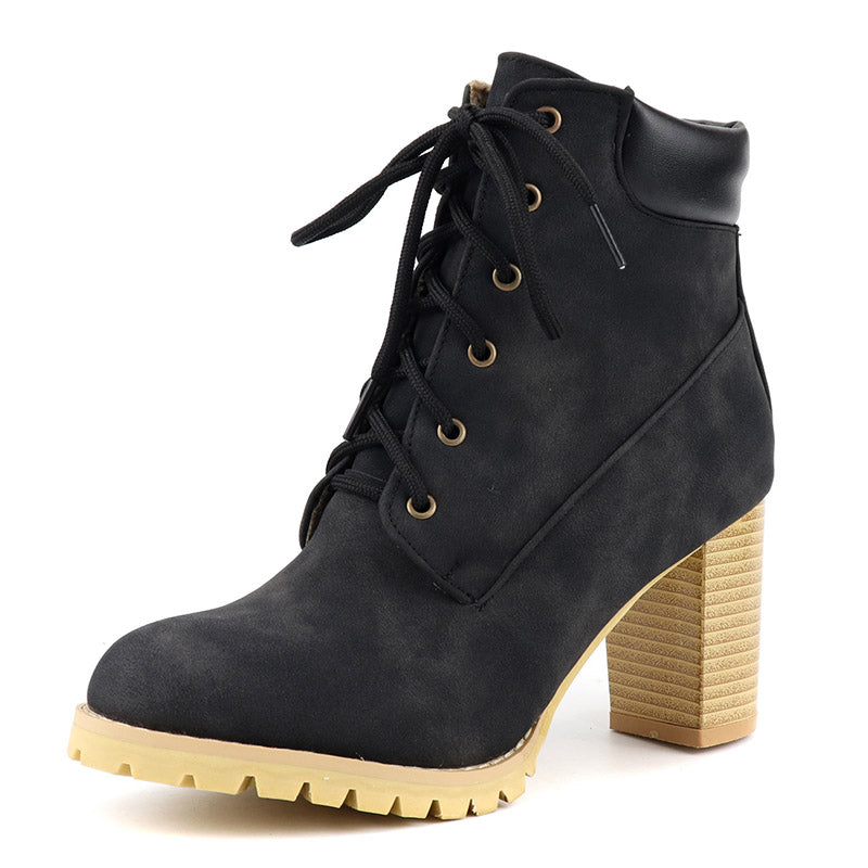 women chunky heel black construction boots