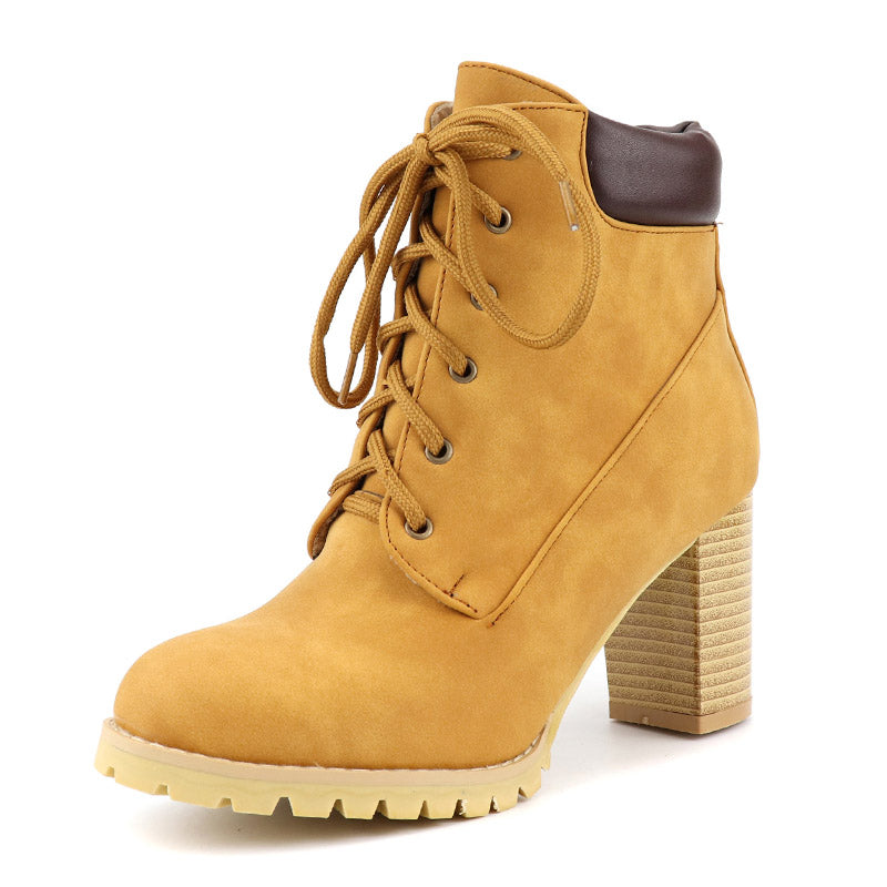 women chunky heel camel construction boots