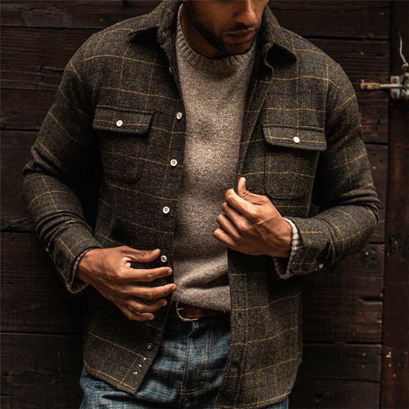 dressy brown plaid jacket with double chest pockets