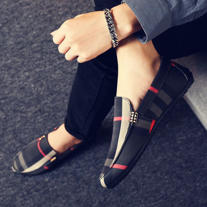black gray and red plaid pattern slip on loafers