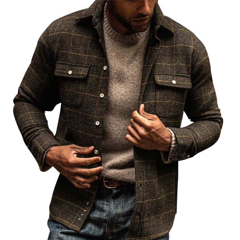 casual brown plaid jacket with double chest pockets