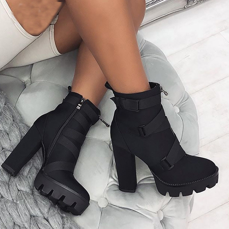 strappy black chunky heel boots