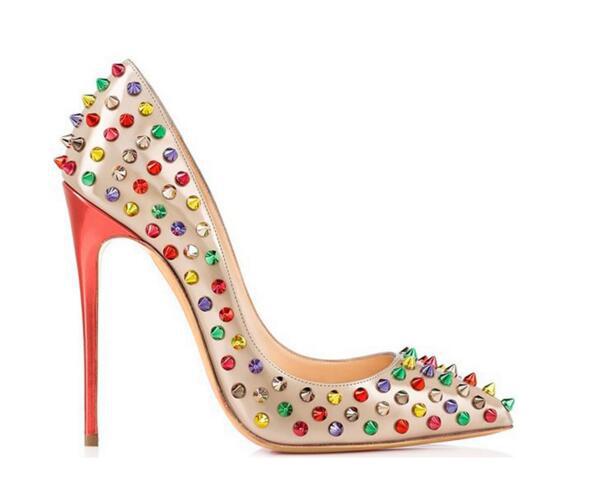 colorful rivets champagne high heels