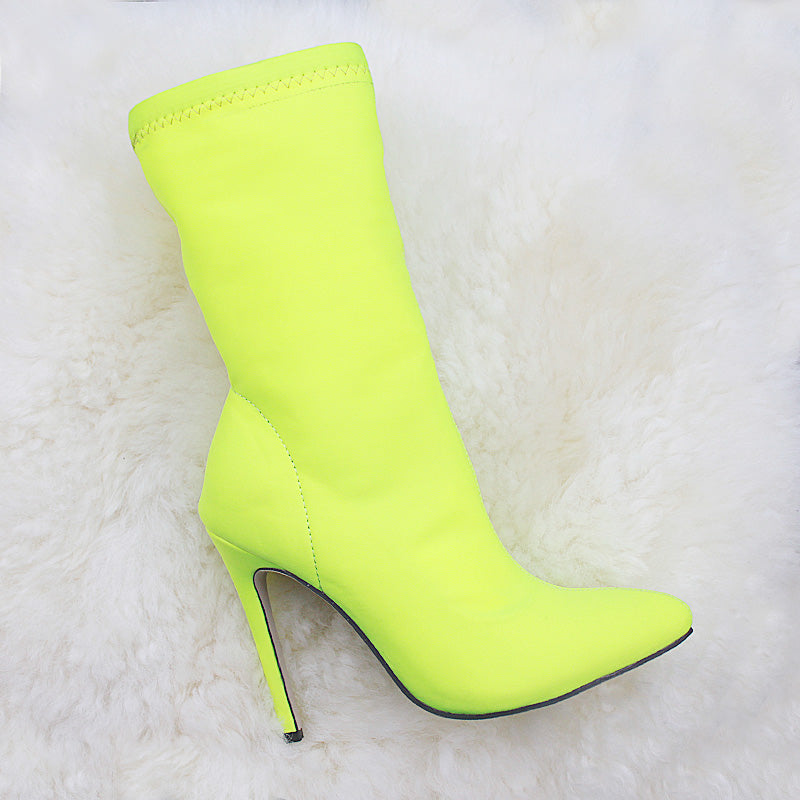 fluorescent yellow mid calf high heel boots