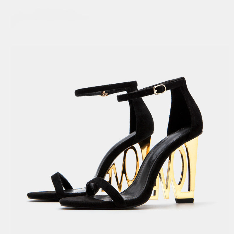 black and gold buckle heels