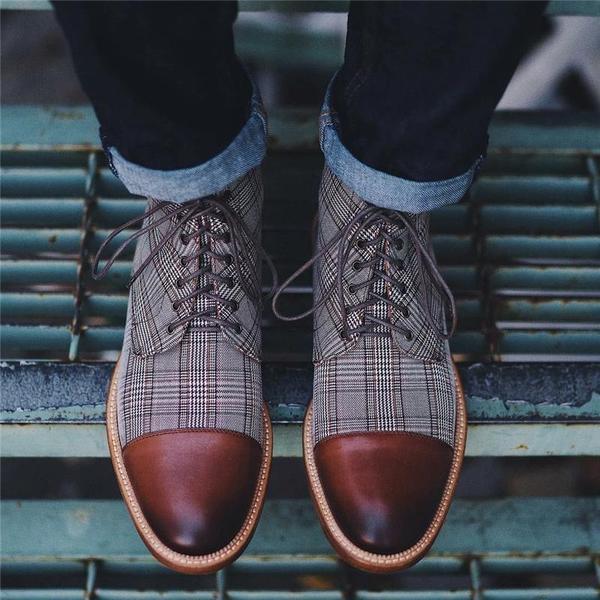 brown plaid and leather lace up boots casual shoes