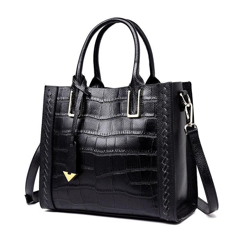 glossy black leather crocodile pattern handbag