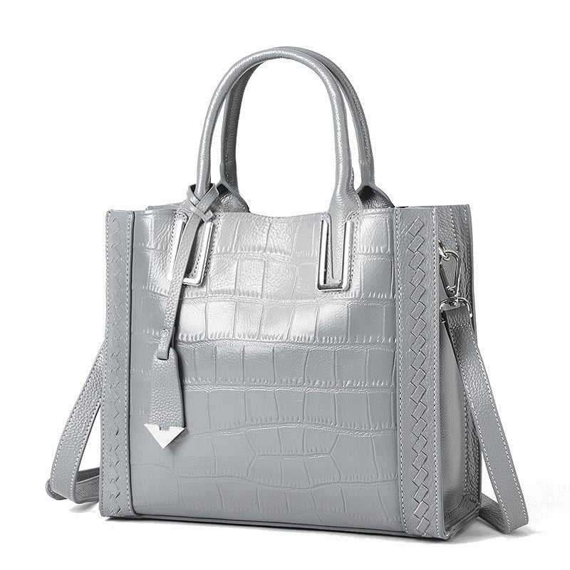 gray leather crocodile pattern handbag