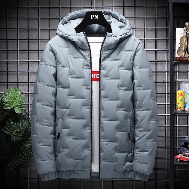 gray puffer hooded jacket