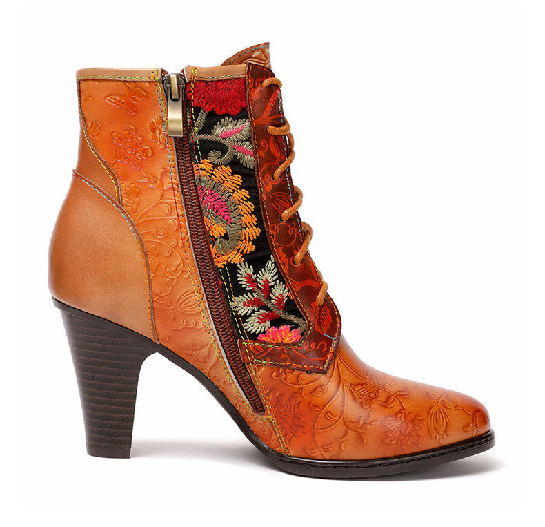 orange leather paisley print women boots