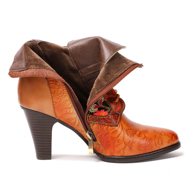orange leather floral print women boots