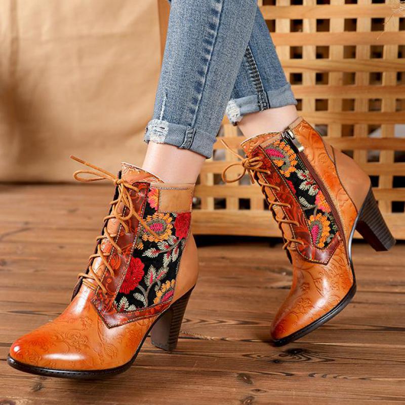 women's cognac leather lace up paisley print boots