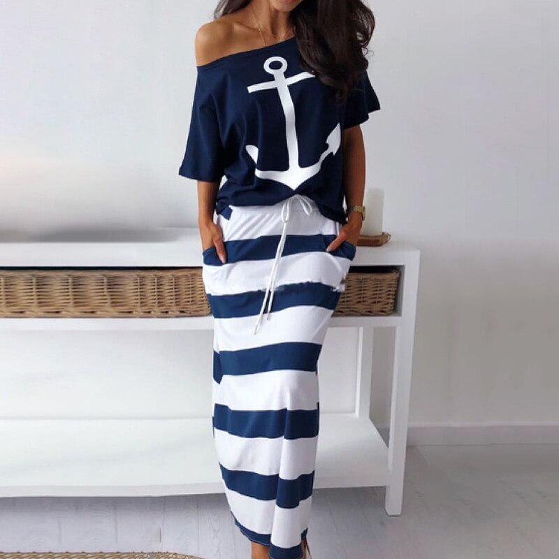 Blue & White Stripe Anchor Two Piece Summer Dress Onassis Krown Blue & White Stripe Anchor Two Piece Summer Dress Onassis Krown