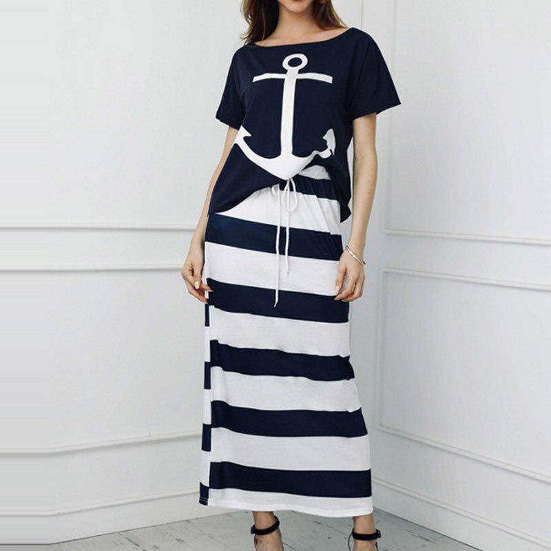 navy blue and white stripe nautical anchor long dress