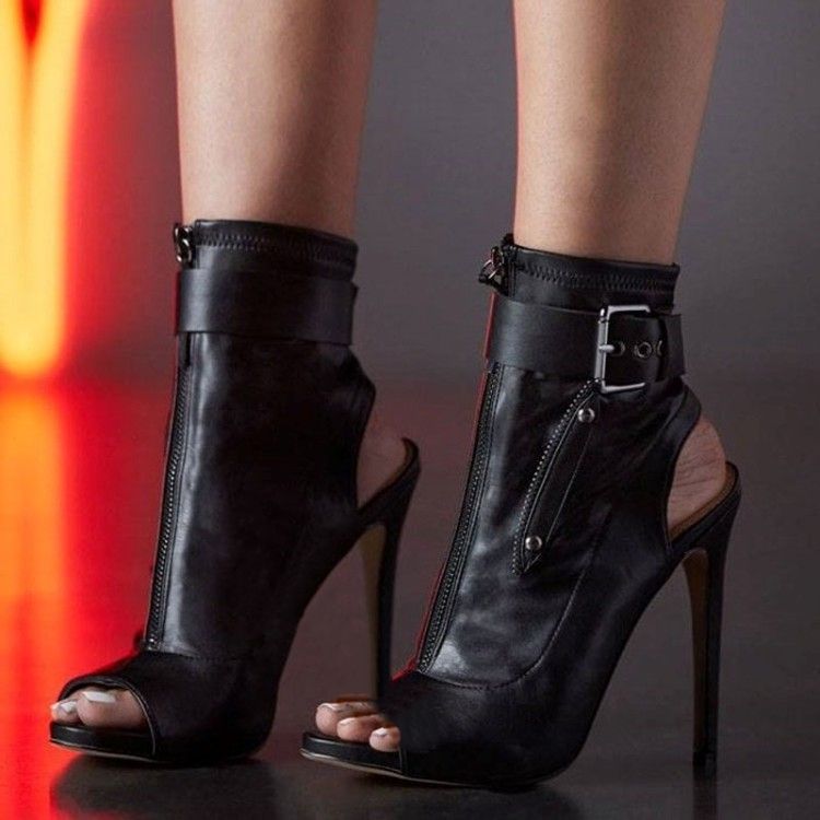 black leather silver buckle peep toe boots