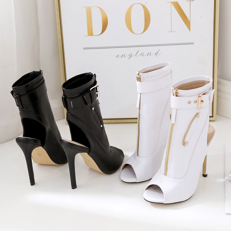 black and white leather peep toe boots collection