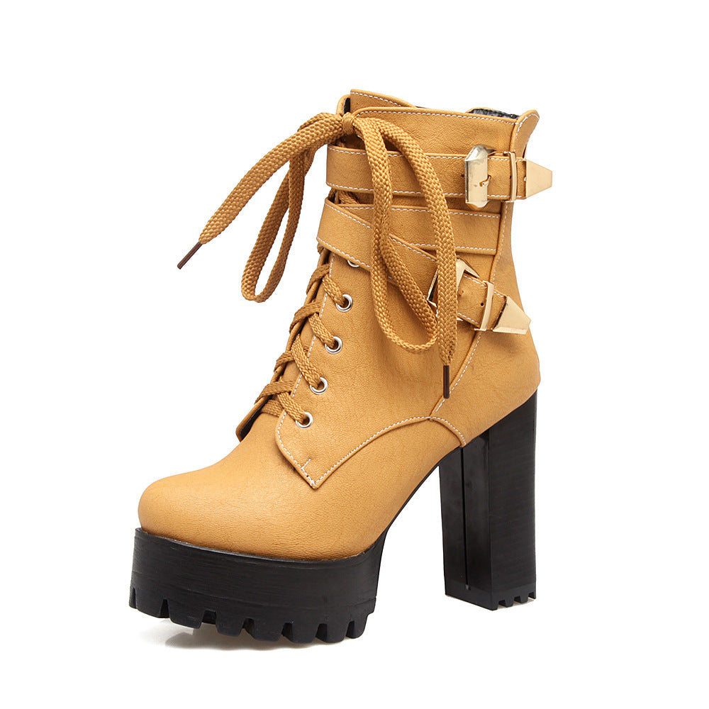 camel lace-up belt strap chunky high heels