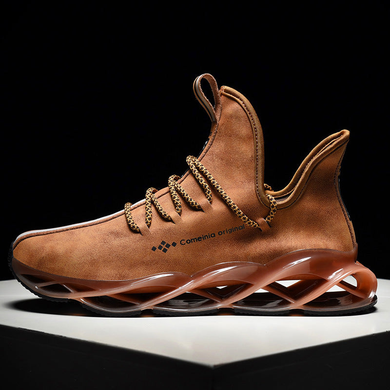 brown leather running blade sneakers