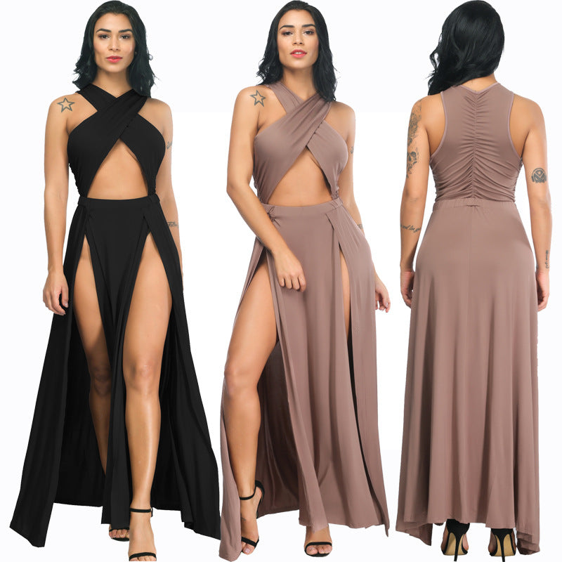 criss cross front halter double split thigh high dress collection