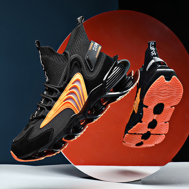 black and orange mesh basketball sneakers