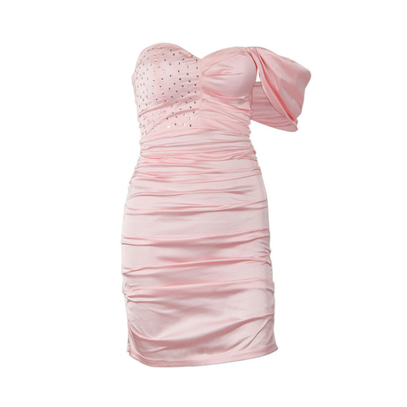 pink satin rhinestone dress
