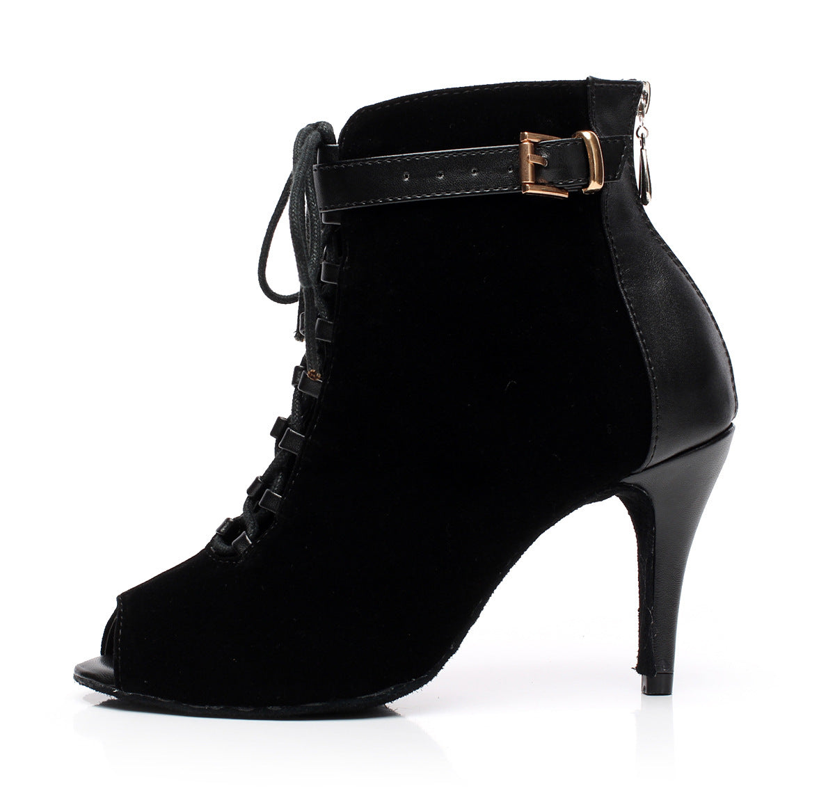 black suede and leather belt buckle strap up heels