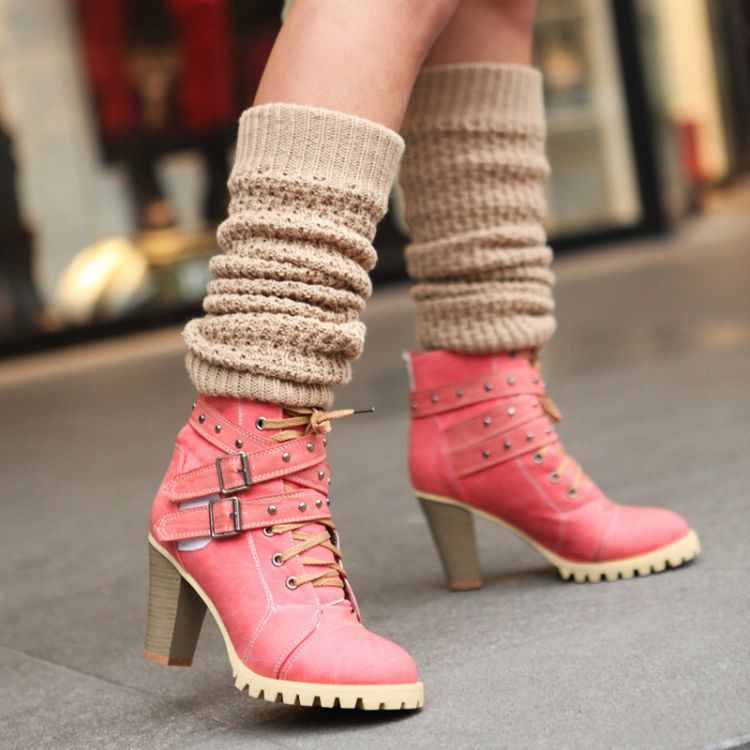 pink leather thick heel boots