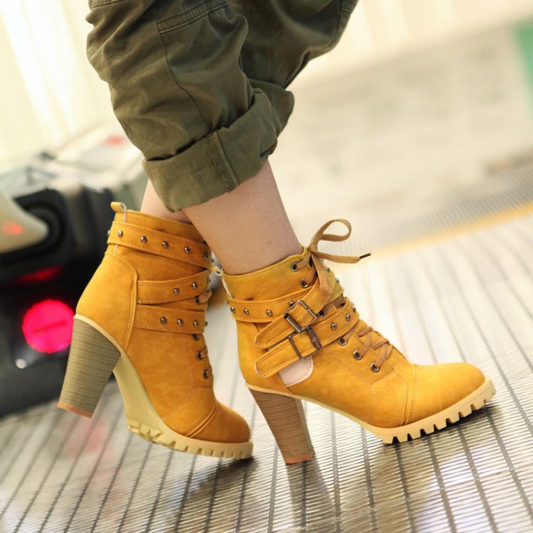 yellow leather chunky heel boots