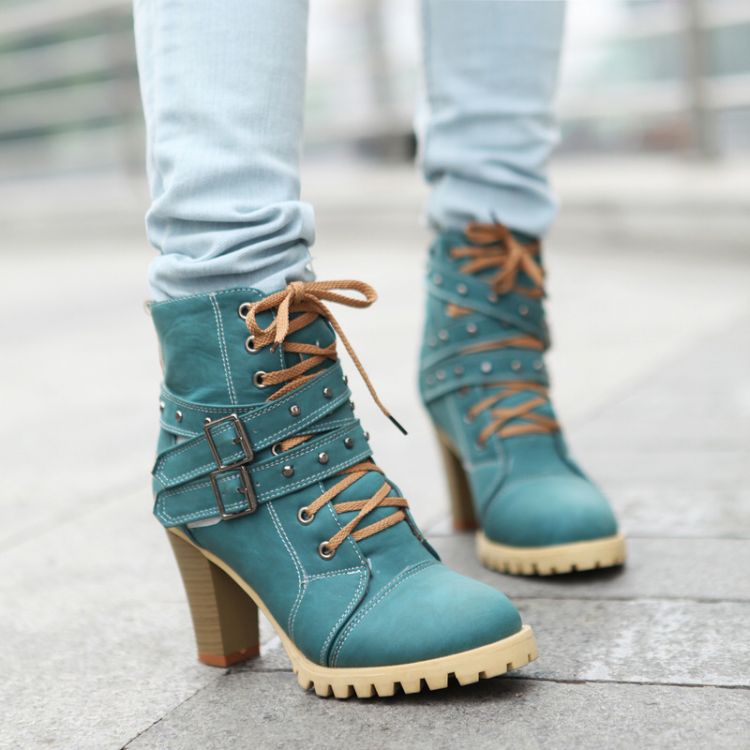 teal blue chunky heel boots