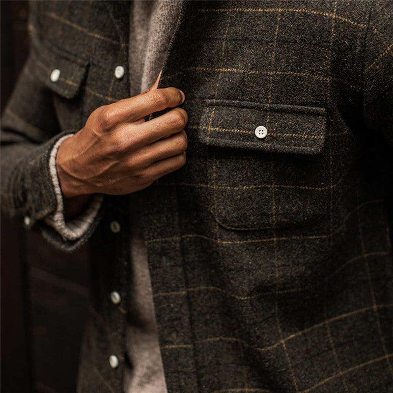 brown plaid jacket with double chest pockets