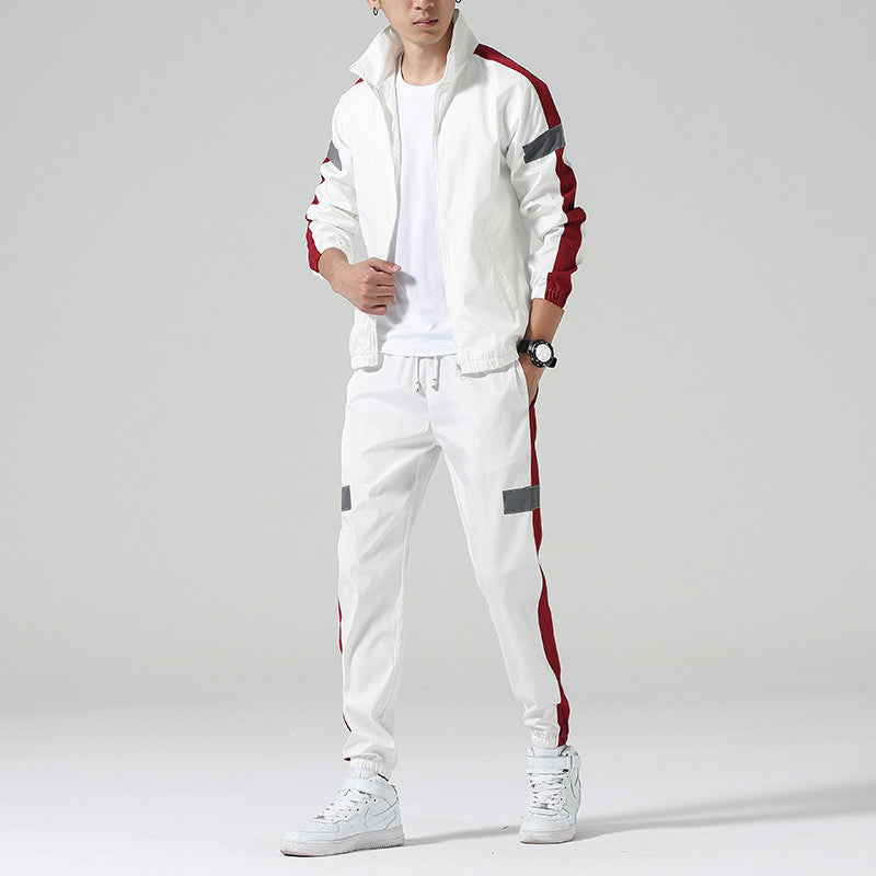 white reflective track suit red stripe