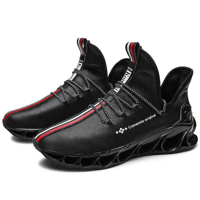 black leather with red and white stripe streetwear sneakers