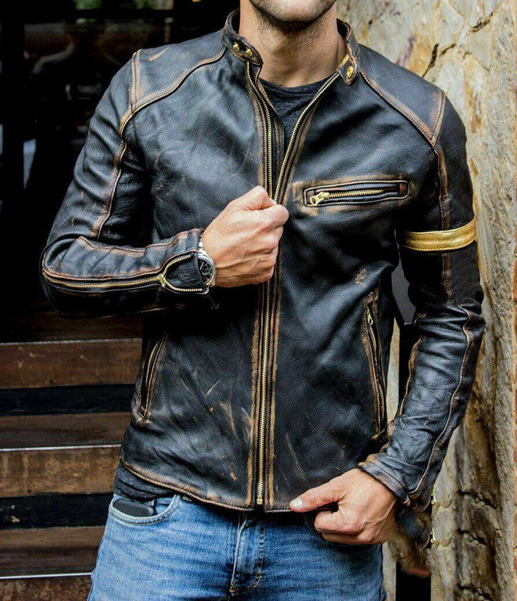 black & brown leather motorcycle jacket