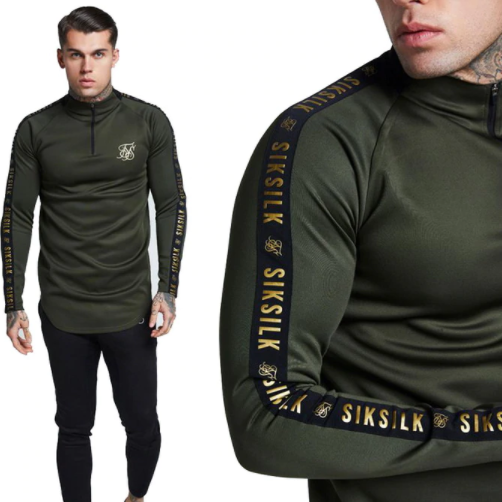 army green black gold siksilk long sleeve zip-up mock neck shirt men black