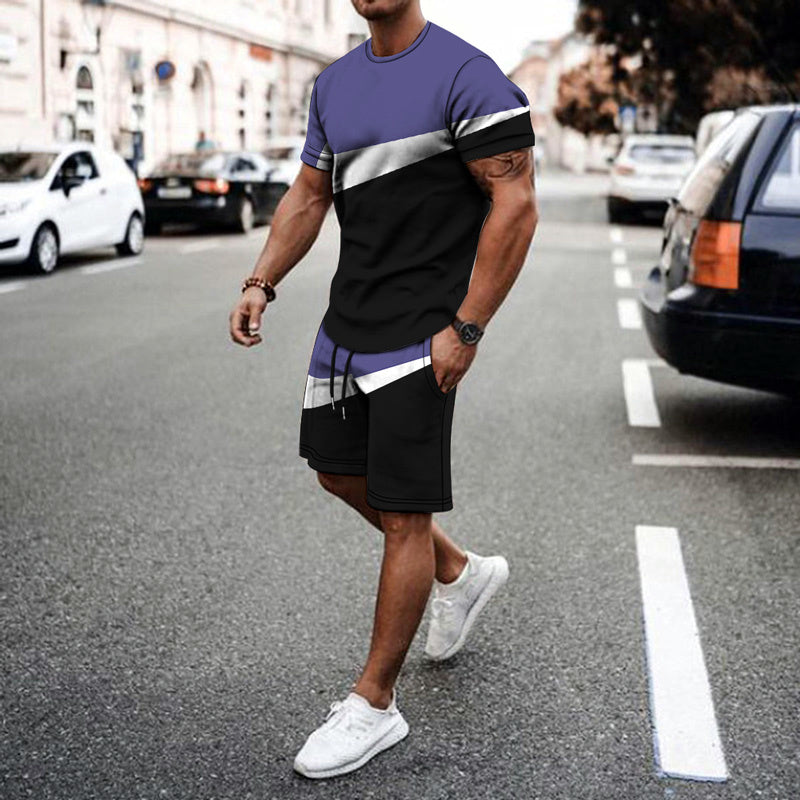 men stripe short set black & purple