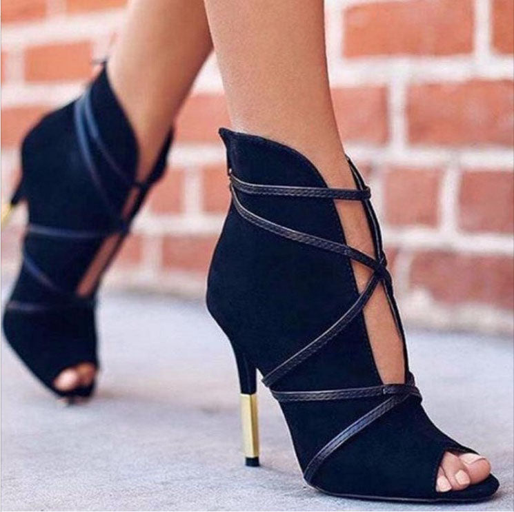 black suede open front gold heel sandals