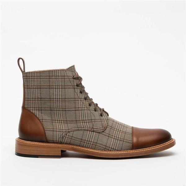brown plaid and leather lace up boots casual shoes