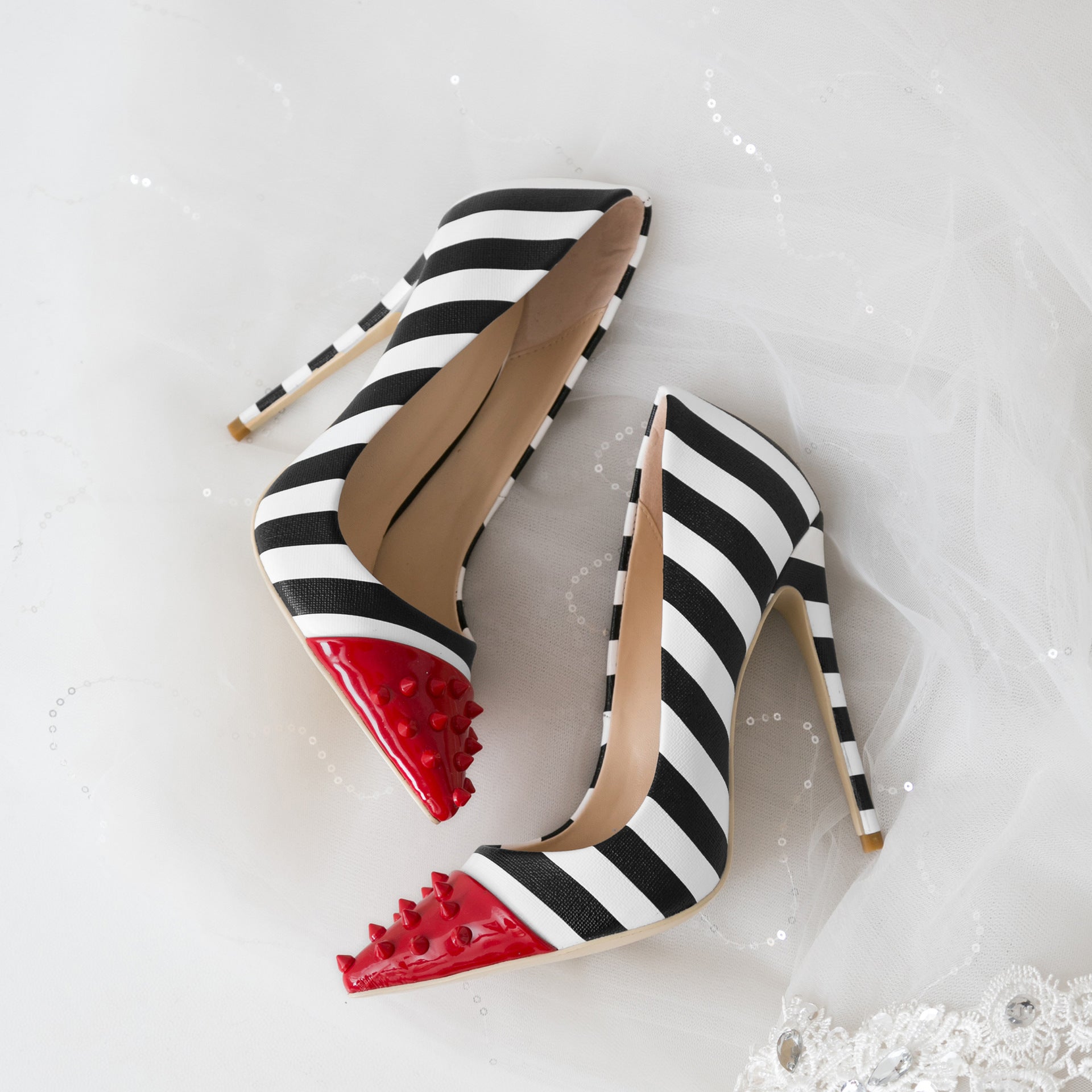 black white pattern red toe high heels