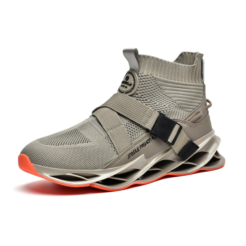 gray strap up sneakers with orange sole