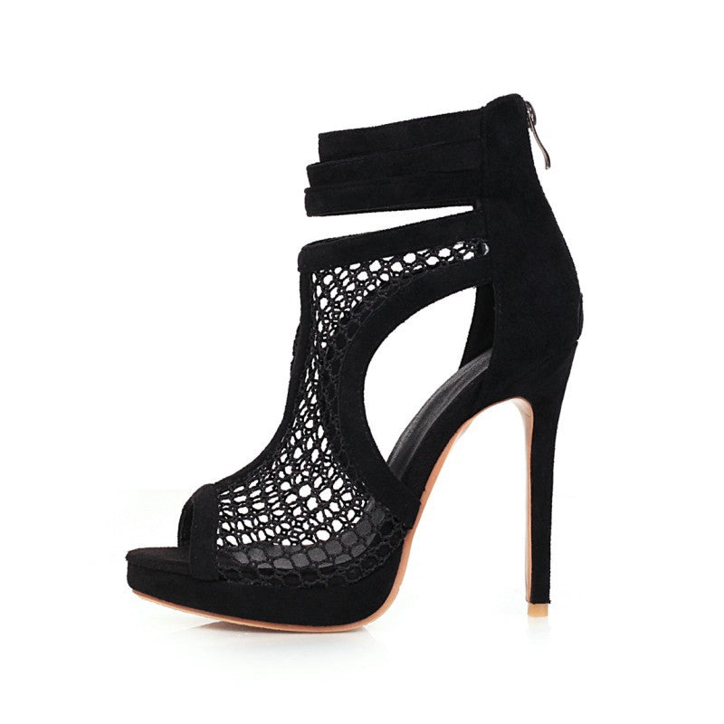 black suede and fishnet high heels