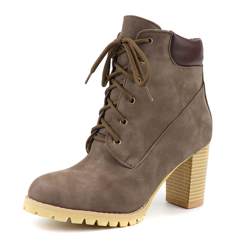 women chunky heel brown construction boots