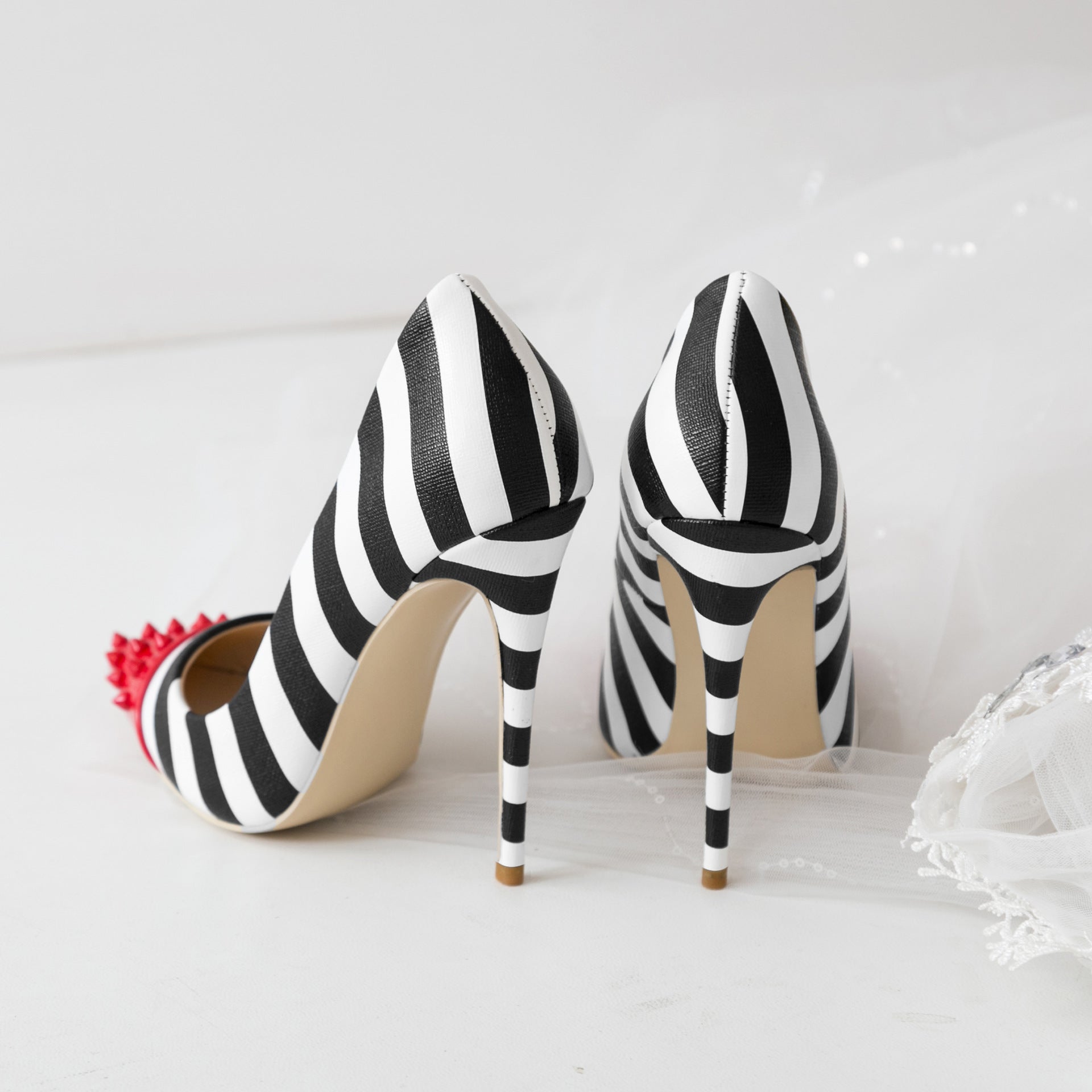 black white zebra red toe high heel shoes