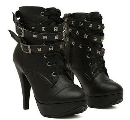 black leather platform buckle boots