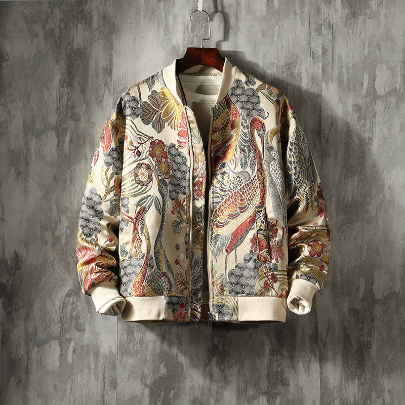 cream colored embroidered bomber jacket
